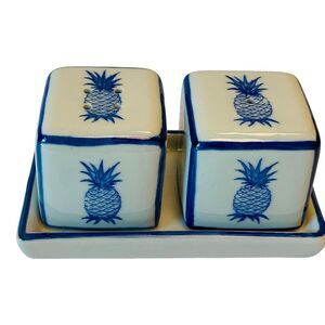 Pineapples Salt and Pepper Shakers with Tray Porcelain Blue and White